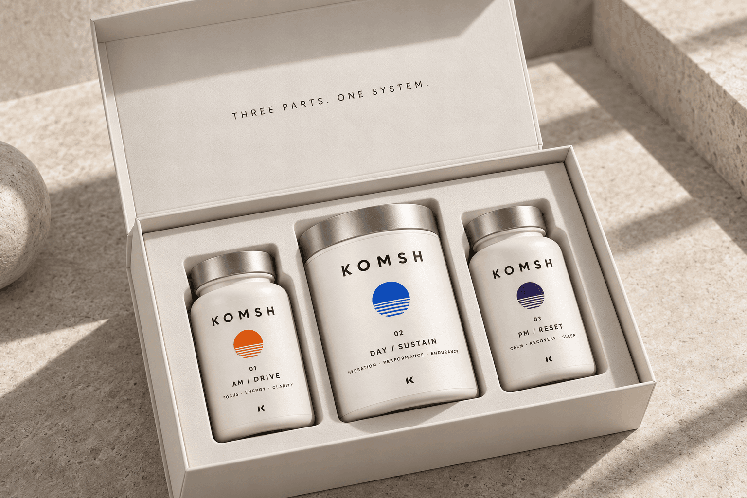 KOMSH three-part performance system inside its premium presentation box