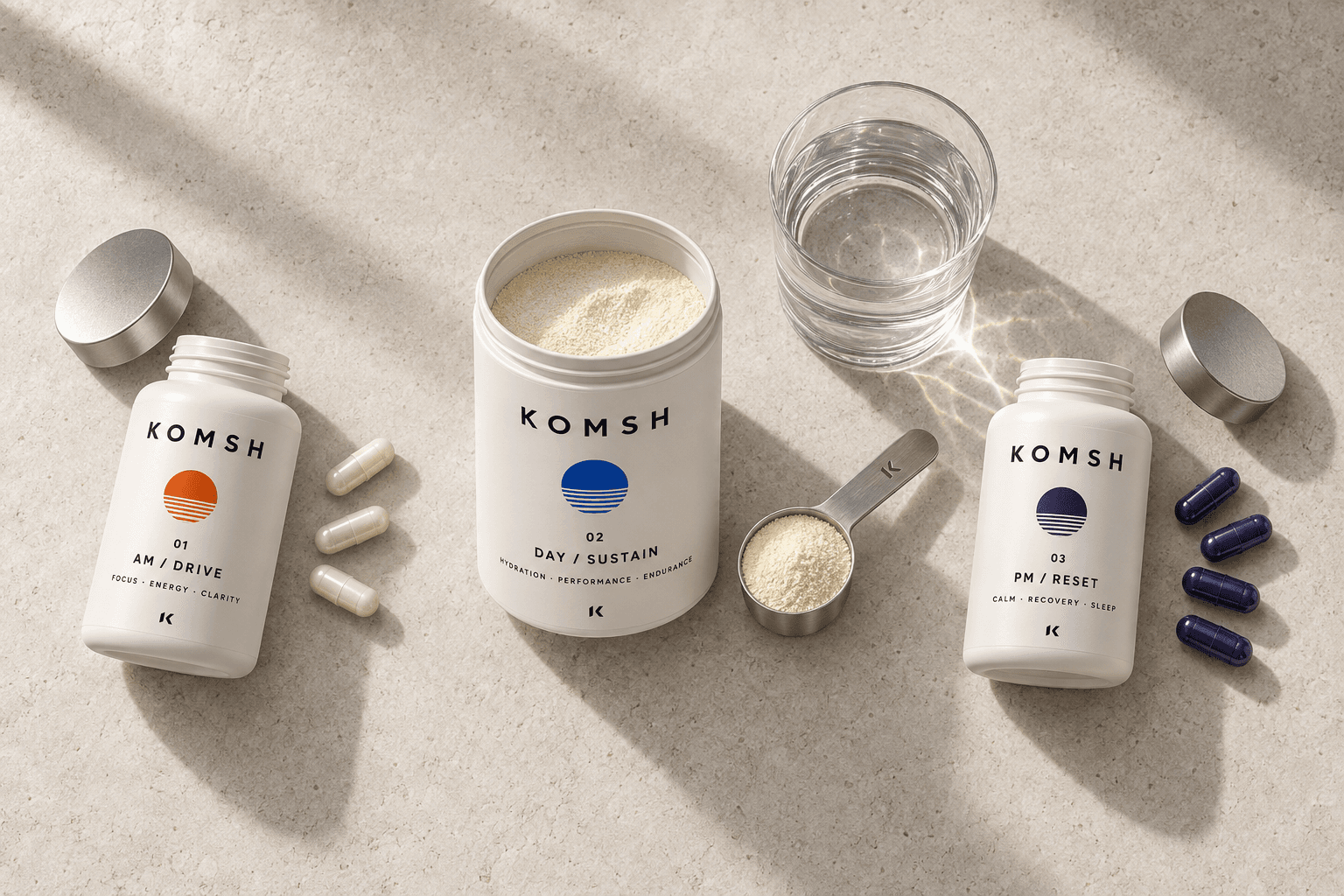 KOMSH daily routine with three AM capsules, DAY powder and four PM capsules